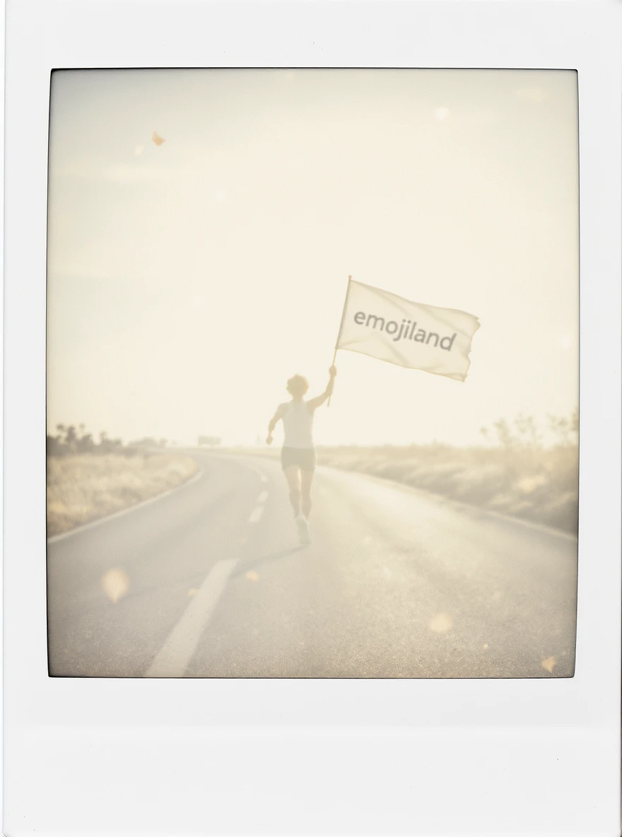 happy runner waving a flag that says 'emojiland' emoji