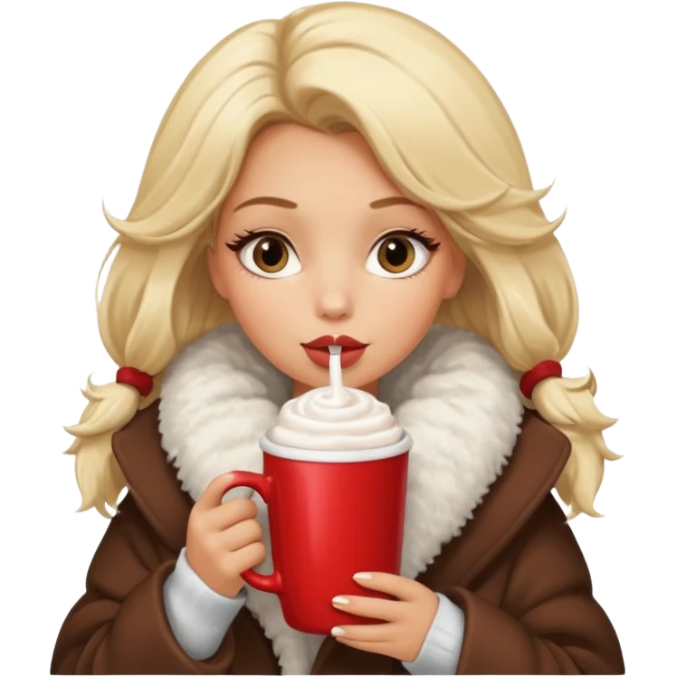 Tanned Girl with lashes , blonde hair, in an extremely big fluffy oversized coat and hold hot chocolate drink and vertically short eyes , big lip emoji