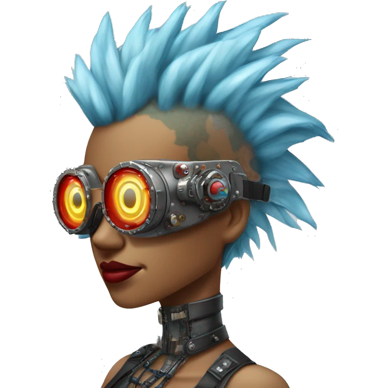 Light blue Mohawk hair female cyborg head with red steampunk goggles and circuits emoji