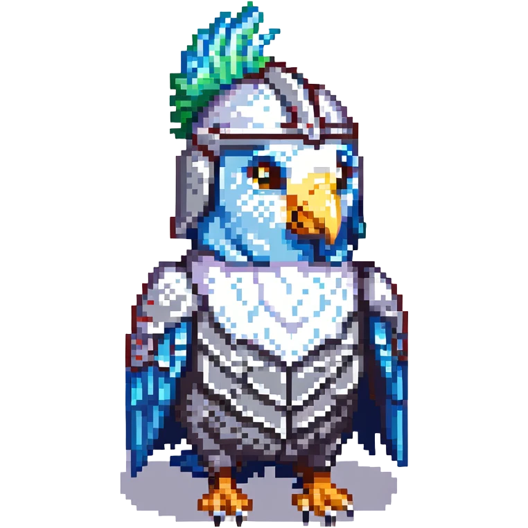 colorful budgie (muhabbet kuşu) wearing a knight's helmet, pixel art style emoji