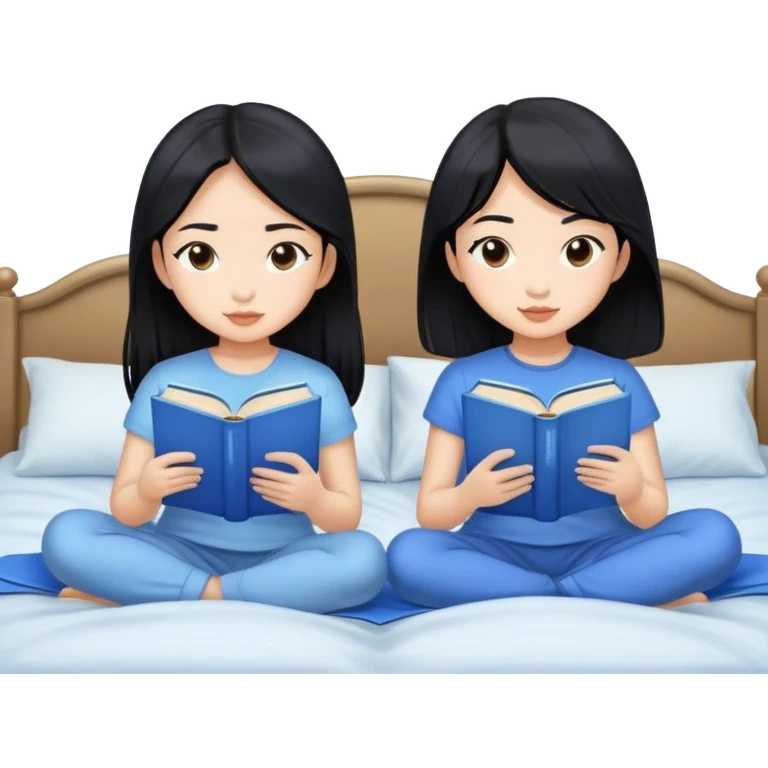 two asian girls black hair on the bed reading blue books emoji