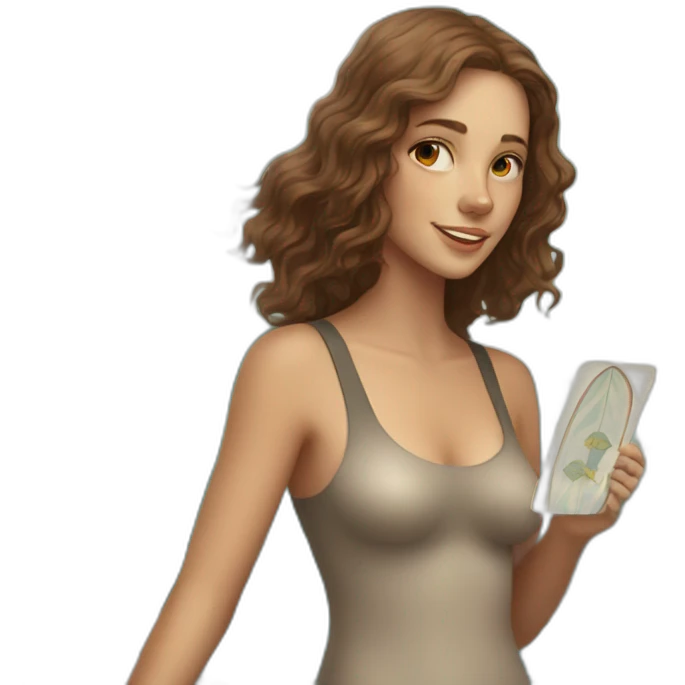 A wavy brown haired girl with a surfboard and deck of tarot cards emoji