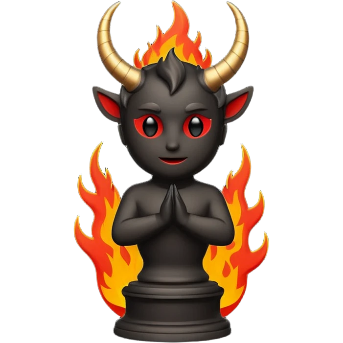 Minimalist emoji-style sticker of an Oscar-like statue with horns and fire at the base, thick black and red colors, silhouette style emoji