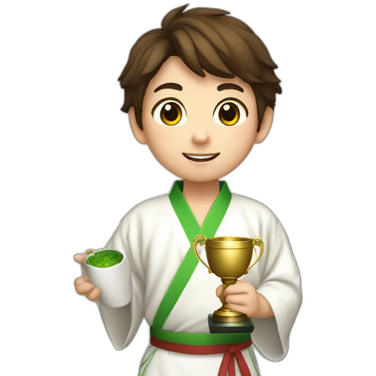 a 12-year-old boy with brown hair with a prize cup high in his hand in a white kimono with a green belt emoji