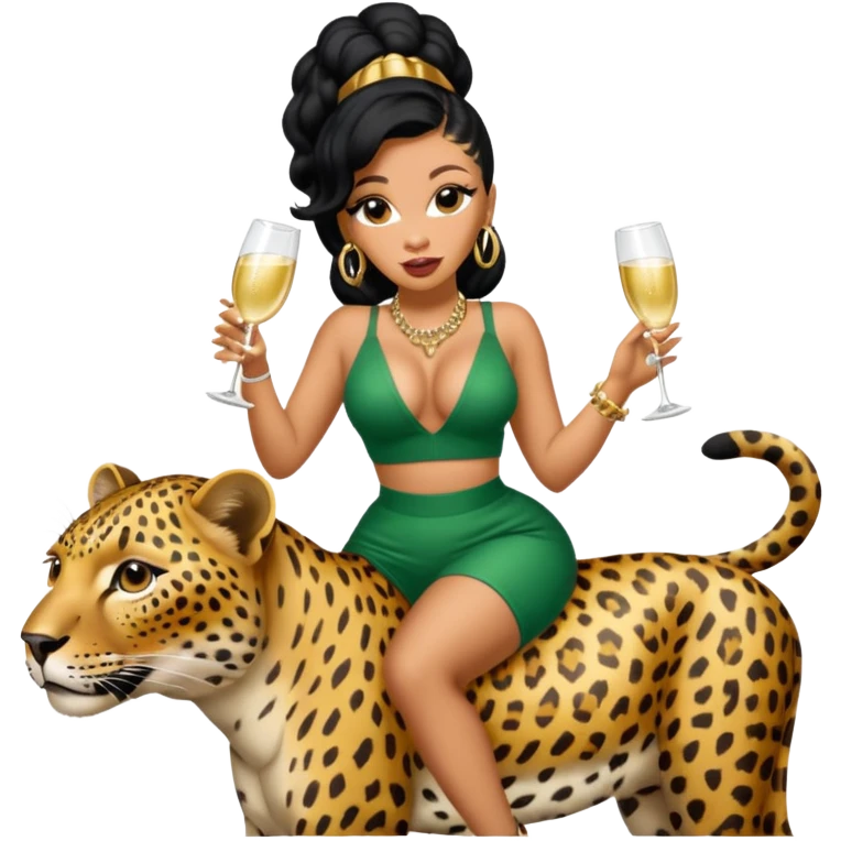 Cardi b riding a leopard while sipping champagne. emoji