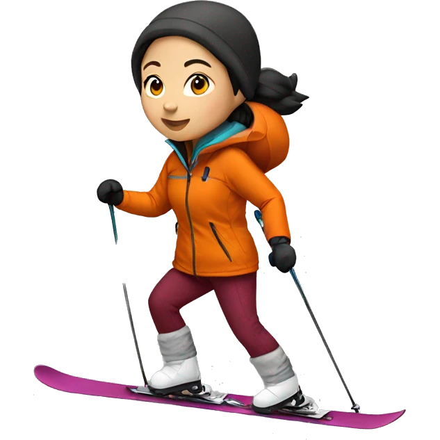 Asian girl skiing with orange jacket and burgundy pants emoji