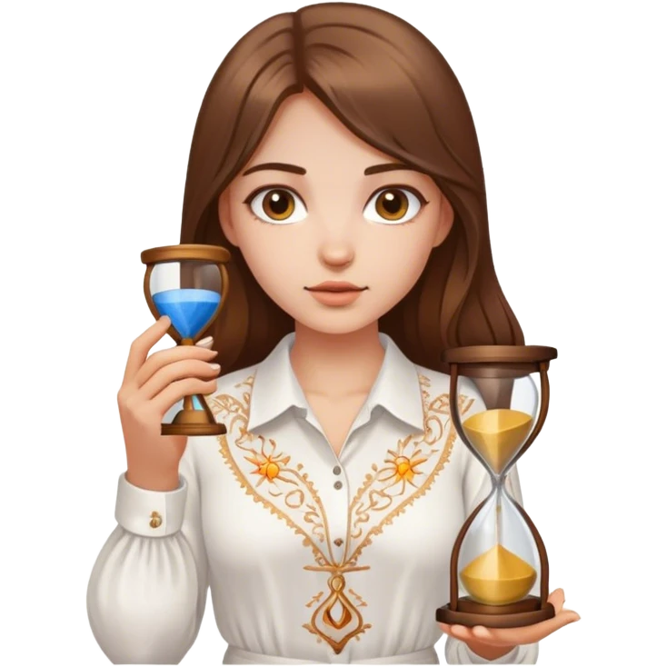 A Ukrainian girl with brown hair wearing a white embroidered shirt holds an hourglass in her hands emoji
