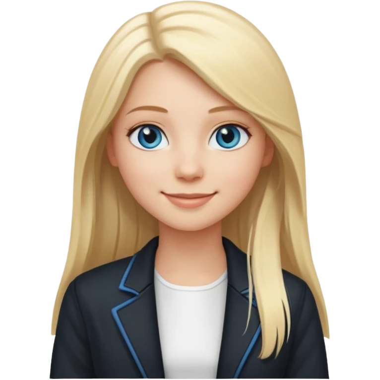 A white girl with long straight blonde hair, blue eyes and a white dress with a smiling black jacket emoji