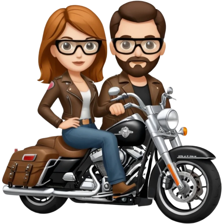 Un couple de biker sur une harley road king noire, l'homme a une paire de lunettes demetz ros21, la fille a des cheveux plus dans les tons chatain emoji