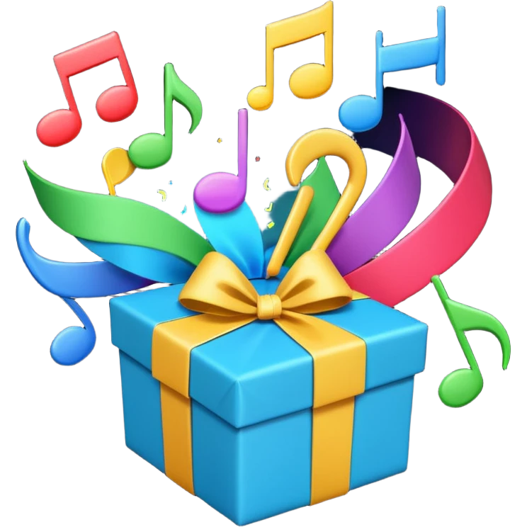 A wrapped gift box opening with colorful music notes flying out. emoji