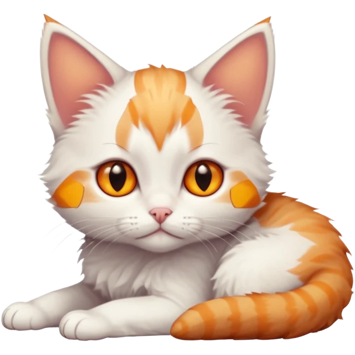 full body of very small + skinny ginger and white kitten with deep orange eyes and triangular shaped face lying down emoji