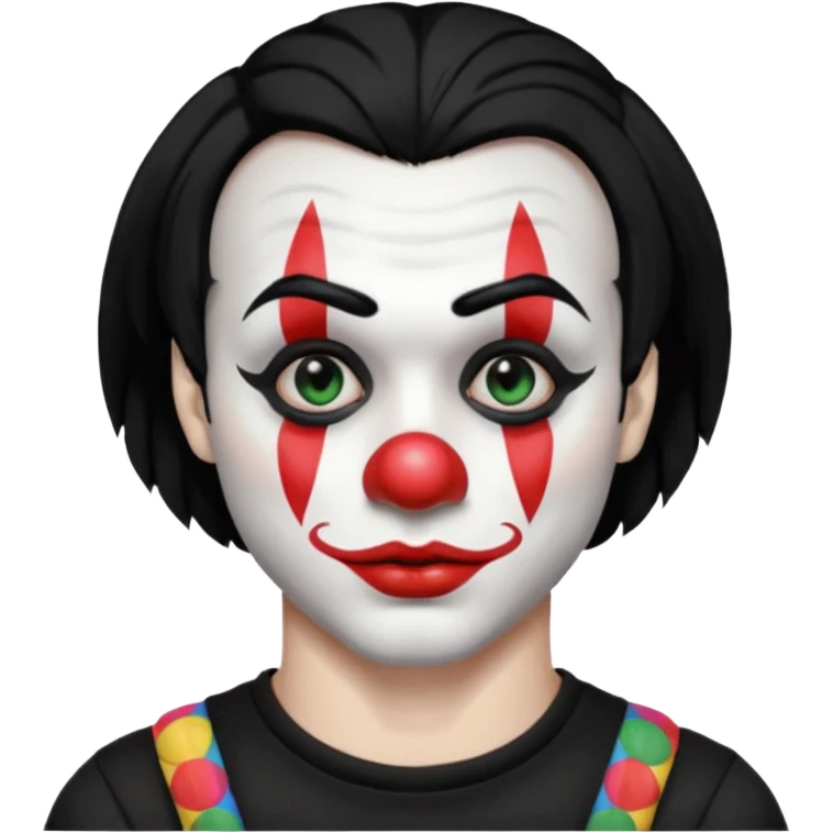 man with black hair only black and white clown makeup black eye makeup black lipstick black t-shirt emoji