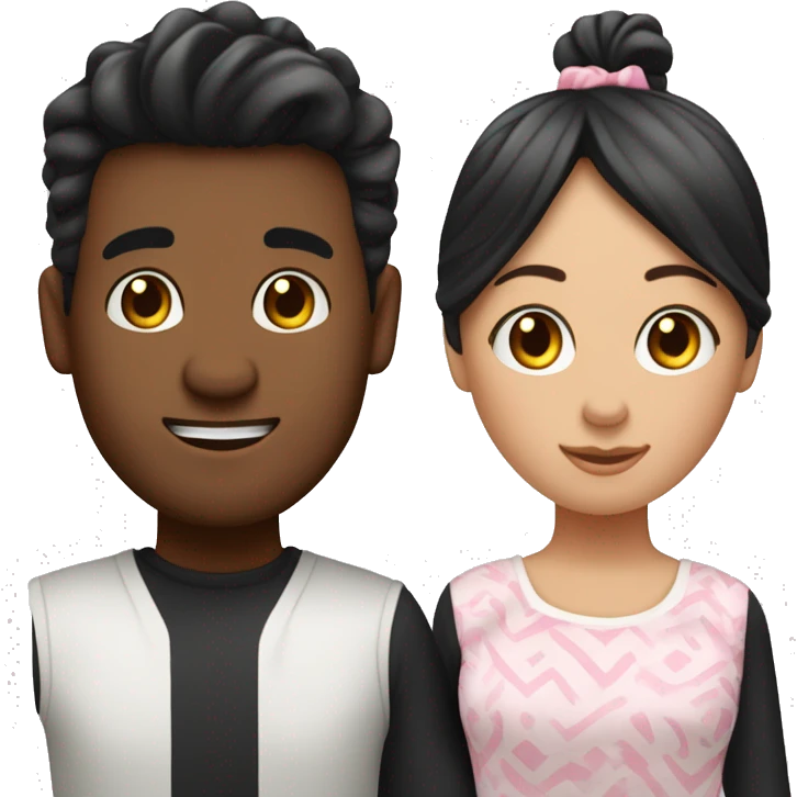 Pareja de un chico alto, moreno con el pelo negro y una chica baja, blanca y con el pelo negro rizado, los dos vestidos con un pijama de vacas emoji
