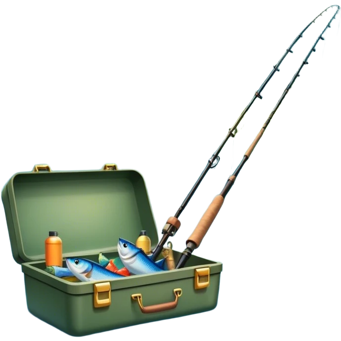 Icon for Fishing Travel: a fishing rod, tackle box and a boat on a calm lake surrounded by mountains and lush greenery, with fish jumping out of the water. The icon should capture the peaceful and adventurous nature of fishing trips. Transparent background. emoji