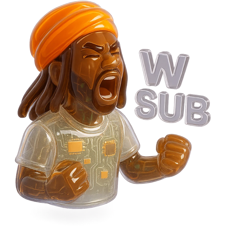 Brownskin man with long brown dreadlocks 
White  t-shirt 
orange turban 
expression is yelling 
Add the word W SUB emoji