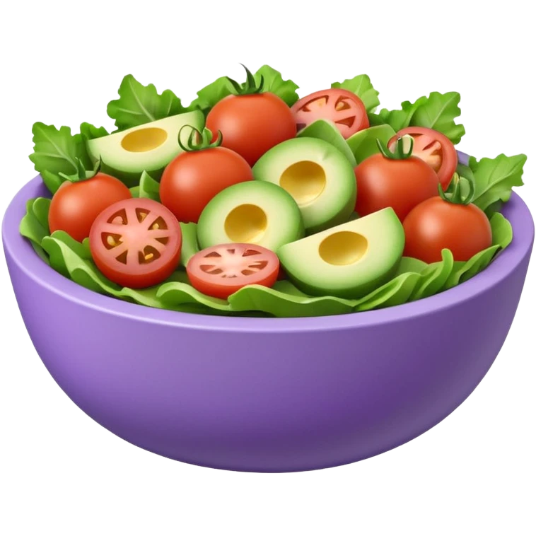 Modern premium 3D emoji icon: salad bowl (🥗), smooth rounded shapes, matte + subtle gloss, top-left studio light, soft shadow. Purple bowl with lavender rim; ingredients in natural colors, all sliced/chopped (no whole tomatoes). Centered, transparent background, no text emoji