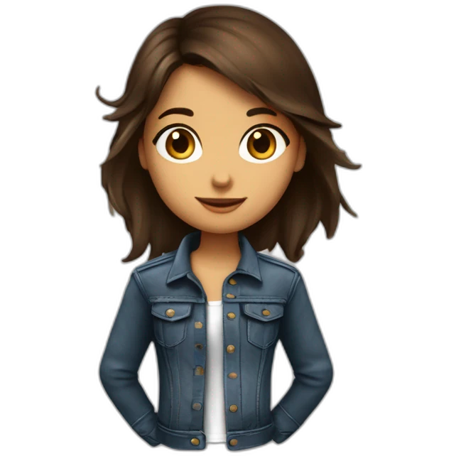 Petite fille brune aux yeux marrons, qui porte un jean un t-shirt rock et un perfecto en cuir emoji