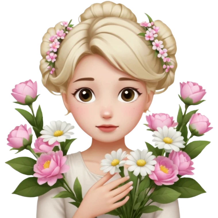 emojis.com a-girl--sitting--near-various-bouquets-of-flowers-,-white-and-pink-flowers-.-she-is-holding-a-single-white-flower-up-to-her-face,-her-hairstyle-is-slightly-messy-updo,-with-a-few-soft-strands-f (1) emoji
