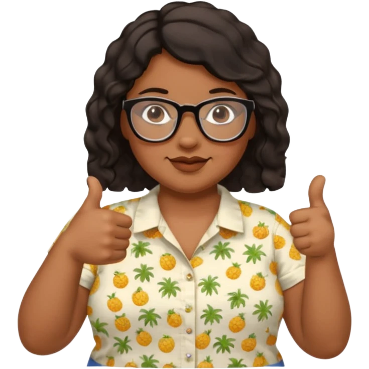 make a fat brown female biology teacher with glasses giving a thumbs up with short black hair wavy remove the doctor outfit and put on a regular summer looking shirt emoji