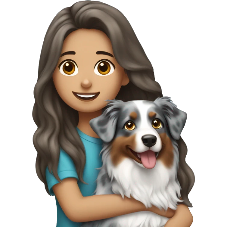 Girl with long brown hair holding blue merle Australian shepherd emoji
