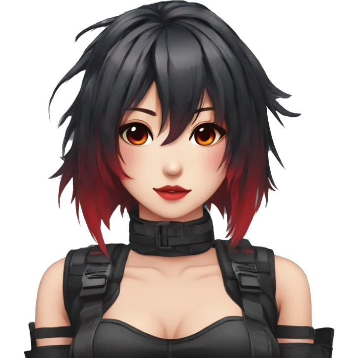 Gorgeous techwear anime style lady with blushing face aesthetic and pretty edgy black red punk hair with hair garment and collar  and harness trending style emoji