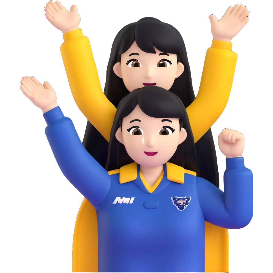 East Asian woman with long black straight hair and bangs wearing navy and white Doosan Bears team colors, cheering emoji
