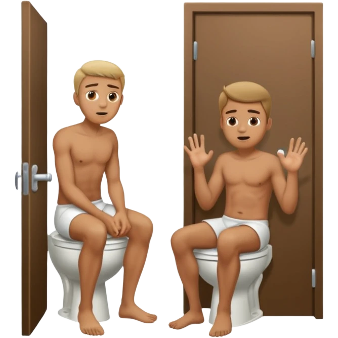 Man using the toilet while the other man is banging on the door begging holding it emoji