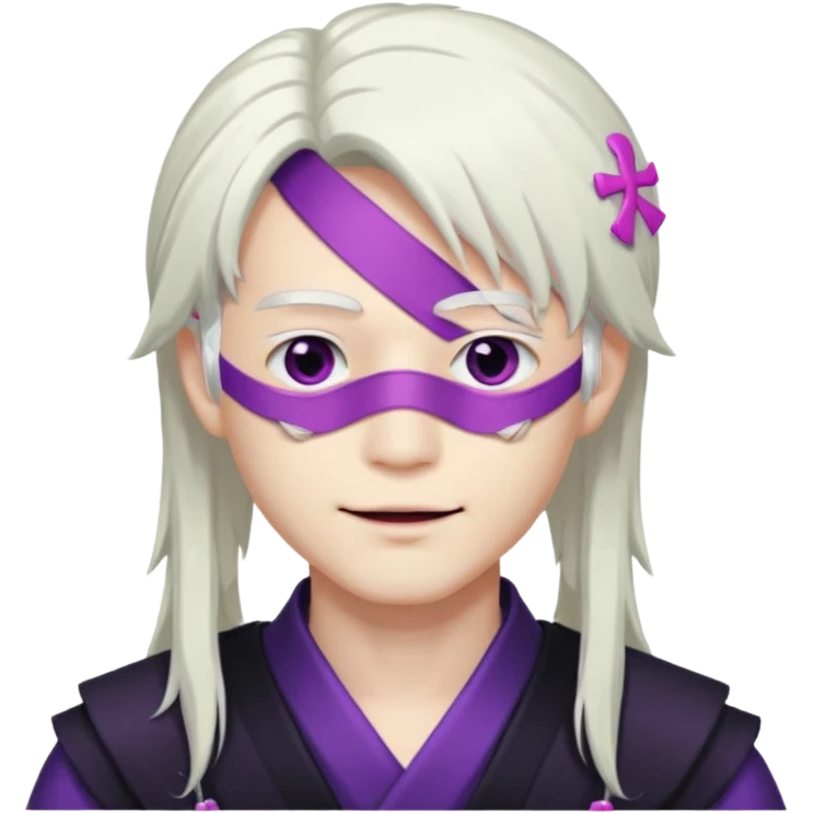 A young pale skinned Japanese man, with long free white hair. Purple eyes pink lips. Devious smile and an eyepatch emoji