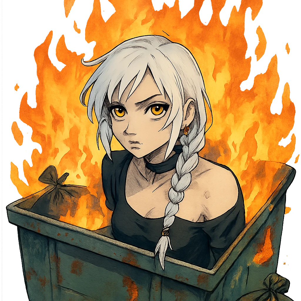 she is poking out from a garbage dumpster, fire, garbage fire, everything is on fire, a closeup portrait of young woman with gold yellow eyes, white hair, long braid, black off-shoulder top d-cup, punk gothic style, futuristic cyberwave cyberpunk, emoji