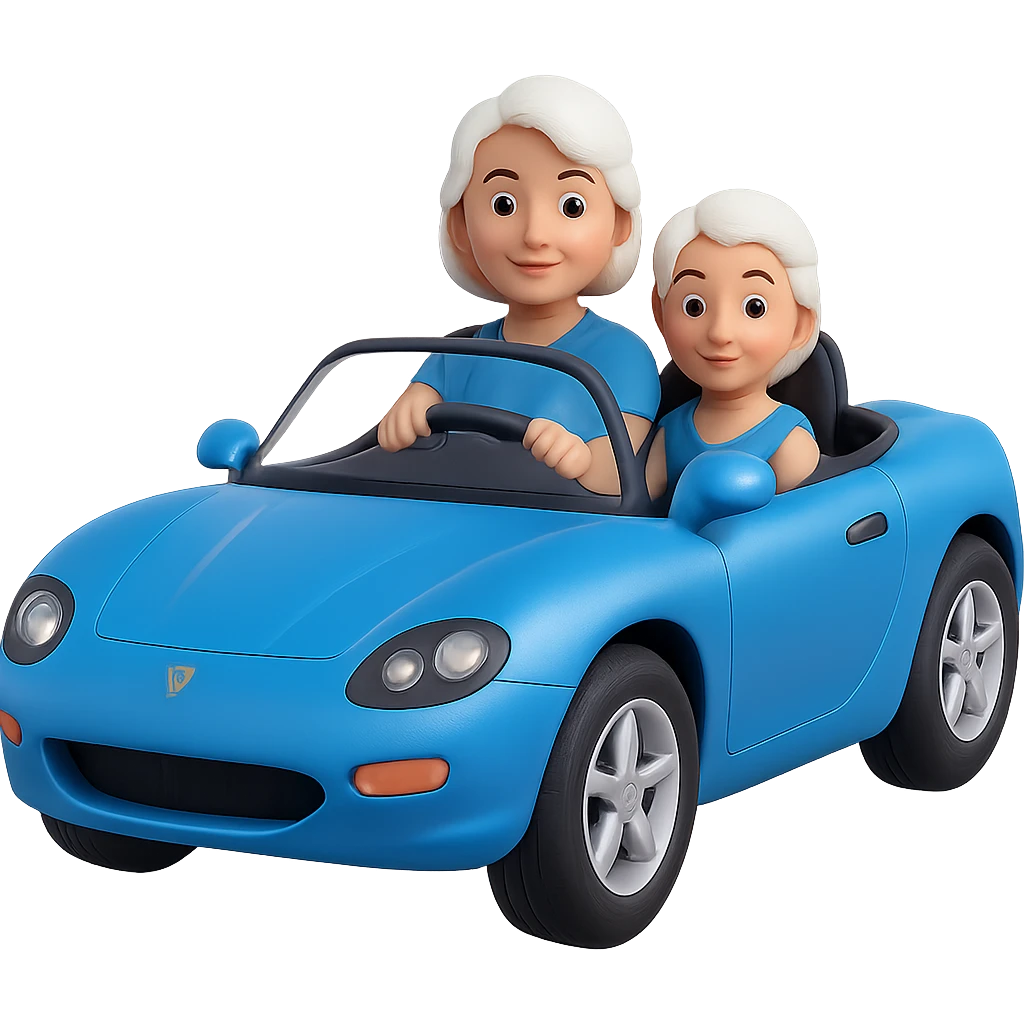 Make this mother with white hair driving a blue sports car look 10% more realistic in the style of 3D Emoji, keep the 3D emoji style, no background. emoji