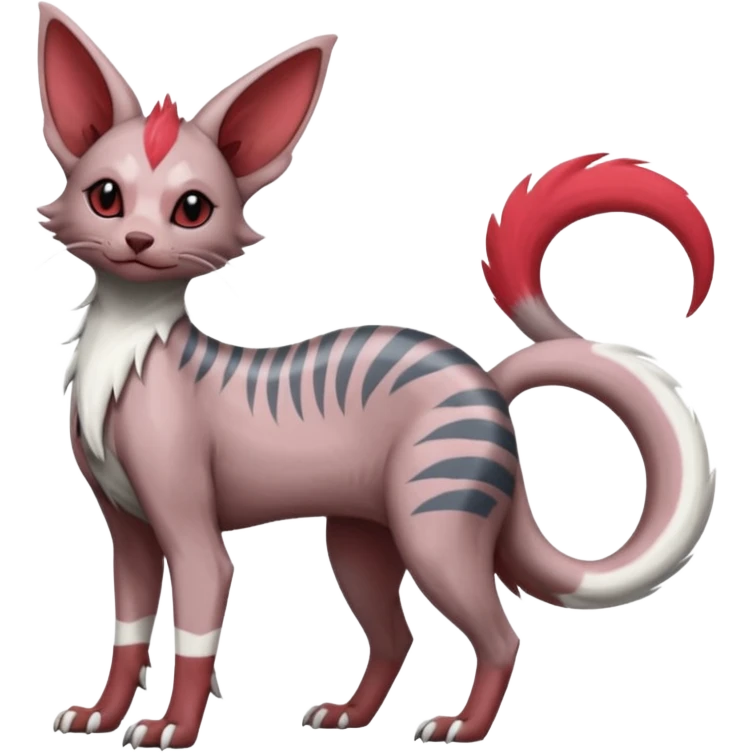 Minccino-Sphynx-Lykoi-Linoone-Zangoose-fusion-hybrid-animal-Fakémon-creature, full body, thin long sleek scaly tail, intricate markings emoji