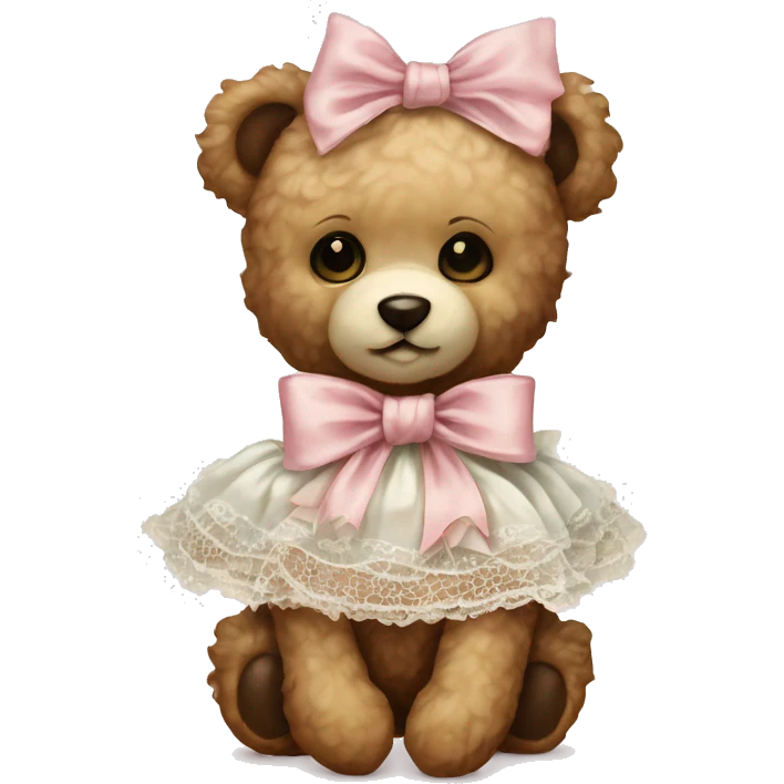 vintage rococo teddy bear with a light pink bow that has lace and frills emoji