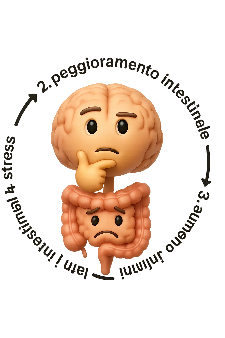 EMOJI STILE IPHONE 3D DI un cerchio con queste scritte che girano intorno in ordine per come li ho scritti "1. stress → 2. peggioramento intestinale → 3. aumento infiammazione → 4. peggioramento sintomi intestinali e sistemici." al centro del cerchio metti un cervello e intestino umani collegati verticalmente con espressione dubbiosa in volto, FALLO MOLTO REALISTICO IN 3D emoji