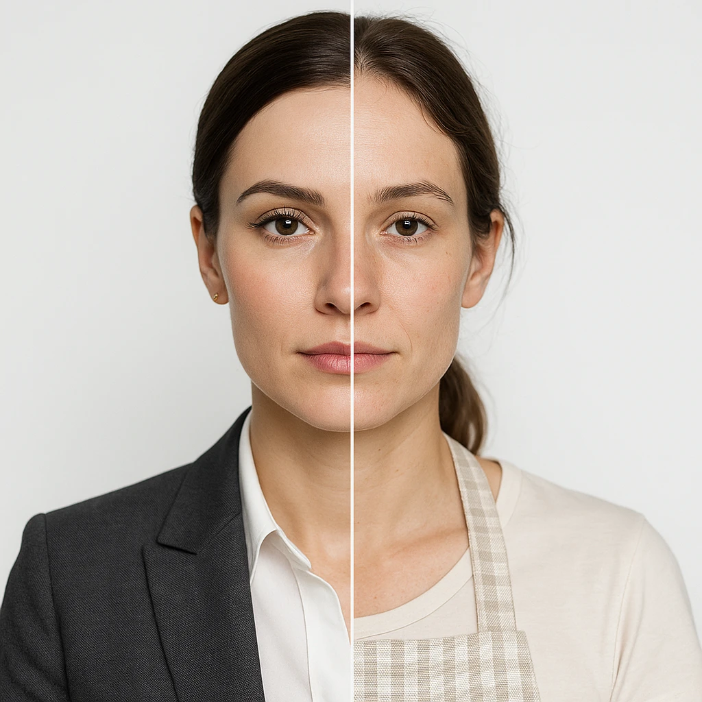 hyper realistic, symmetrical split-image of a woman, left side with office makeup and attire, right side natural, homemaker apron, white background, clear contrast emoji