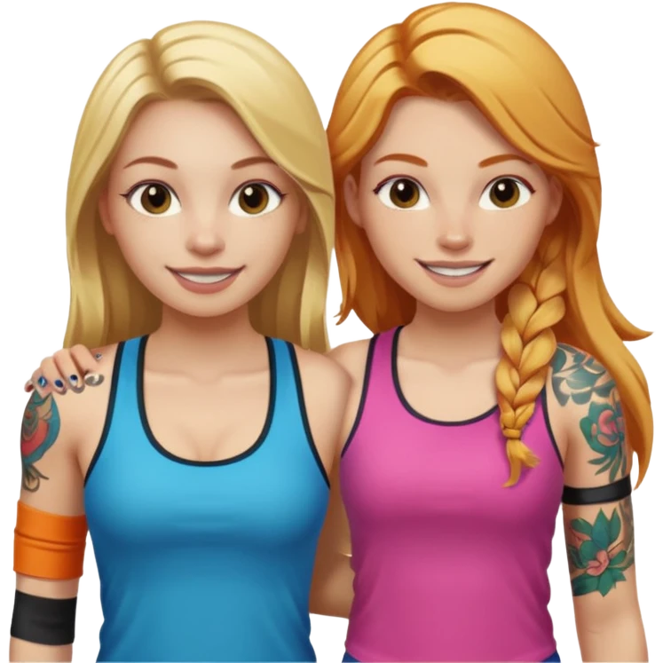 girl with long blonde hair and tattoos next to an athletic ginger girl colorful clothes emoji