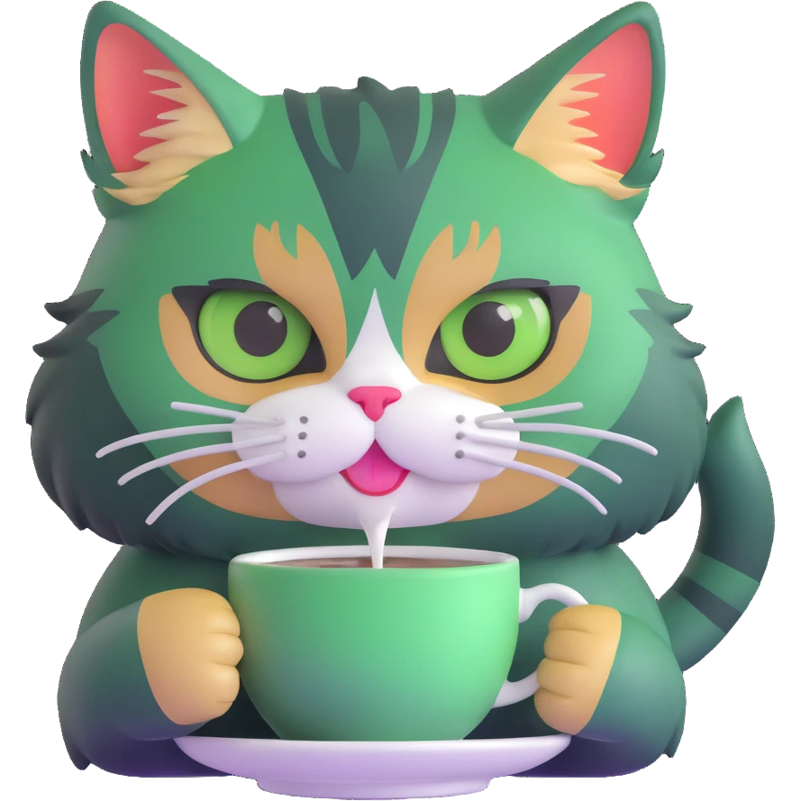 tricolor fluffy cat with big green eyes drinking a cup of coffee emoji