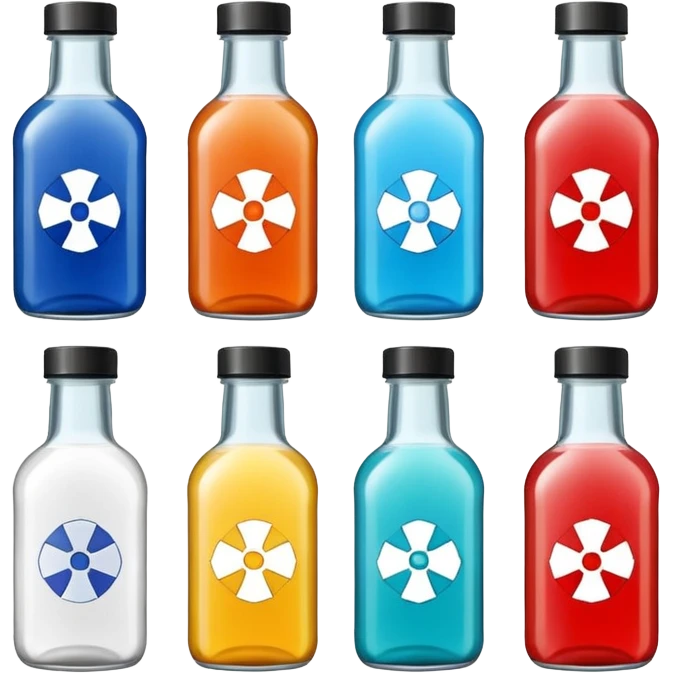 embalming fluid bottles in different colors with different logos emoji