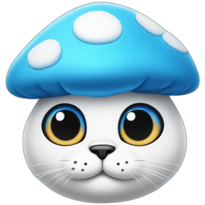 Blue smurf cat face with black eyes wearing a large white mushroom on his head emoji