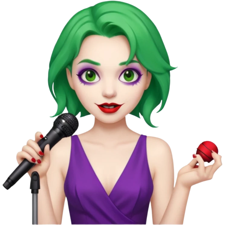 female joker with dress, microphone, singing emoji
