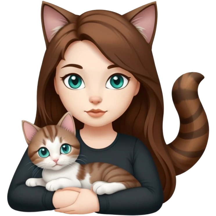 Hot curvy woman, teal eyes, long hair, with super cute kitten, she is white with brown hair, black top, the cat is a brown and grey tabby emoji