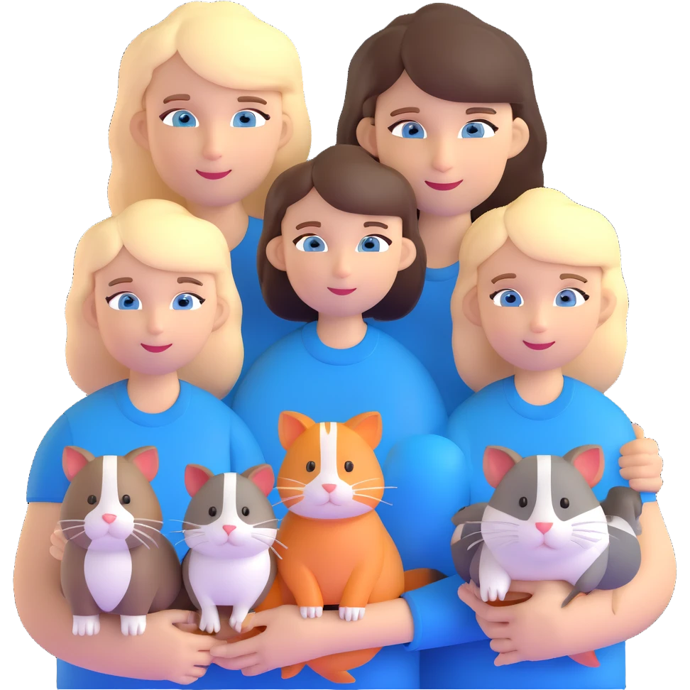 Family portrait with father with dark brown hair and blue eyes, mother with light brown hair and blue eyes, three blonde little girls with blue eyes, plus a cat and two guinea pigs emoji