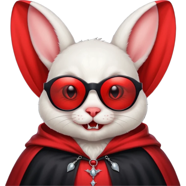 Vampire animal, bunny in red collar cloak, red eye, fangs, sunglasses emoji
