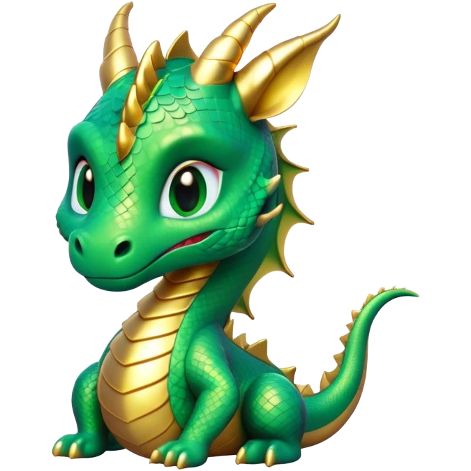 Cinematic Cute Dragon Portrait Emoji, Head tilted playfully and inquisitively, featuring a sleek, serpentine form adorned with iridescent scales that shift between emerald and gold, a delicate set of subtle horns, and round, sparkling eyes full of curious magic; rendered with realistic detail and warm natural light, high shine, affectionate and enchanting, styled with a touch of whimsical fantasy, soft glowing outline, capturing the essence of a mischievous yet lovable dragon that seems poised to slither playfully into your arms! emoji