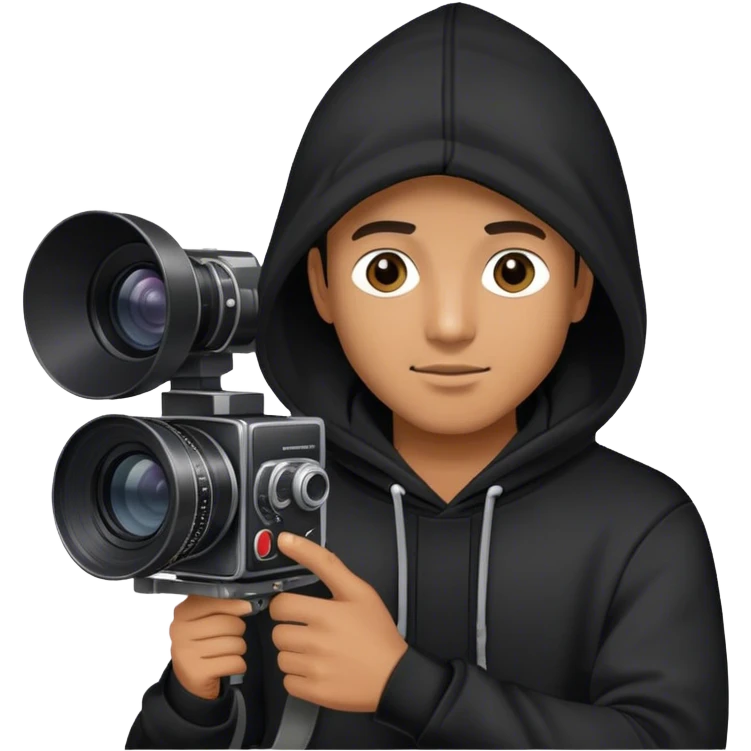 мужчина в черной кофте с капюшоном с кинокамерой в руках emoji