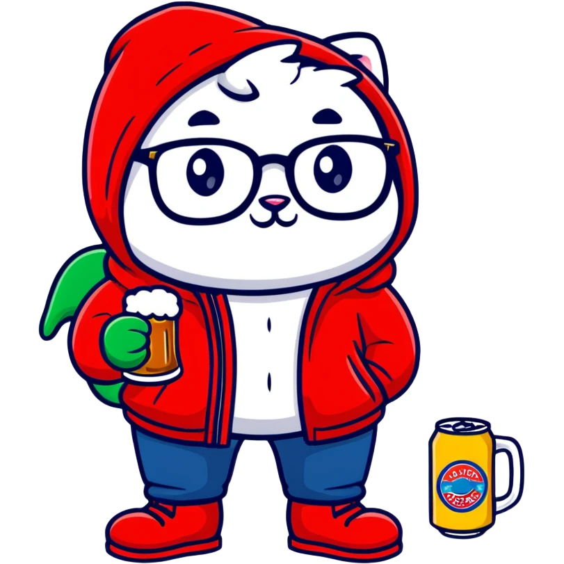 Catfish wearing a red hooded winter jacket, round glasses, blue jeans, red boots, holding a beer can with red label emoji