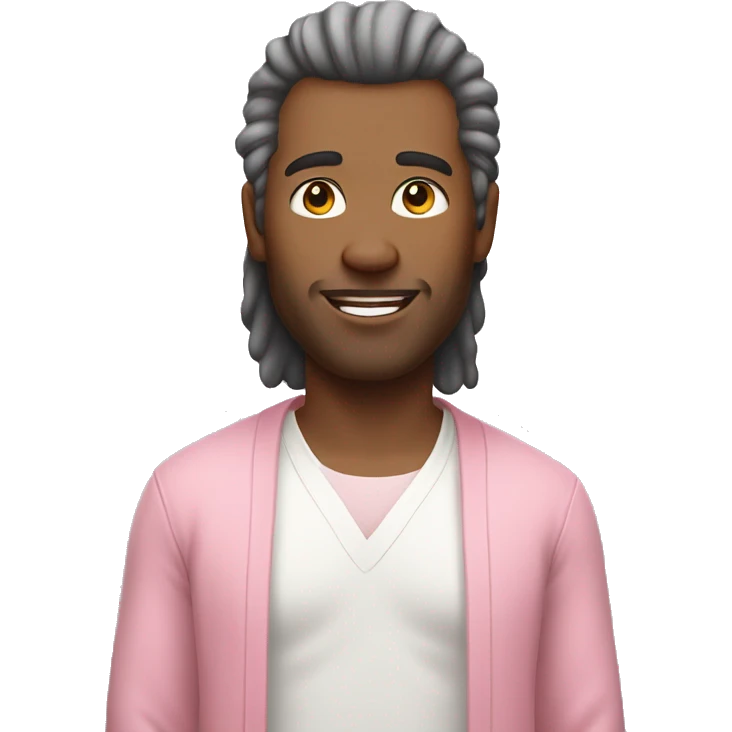 Man with mullet hair wearing white long tee and white long pants with pink cardigan emoji