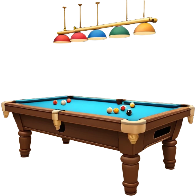 A well-arranged pool table with colorful billiard balls neatly placed, and a cue stick poised to take a shot. The setting is a dimly lit room with a focused atmosphere, highlighting the precision and strategy involved in the game of billiards. emoji