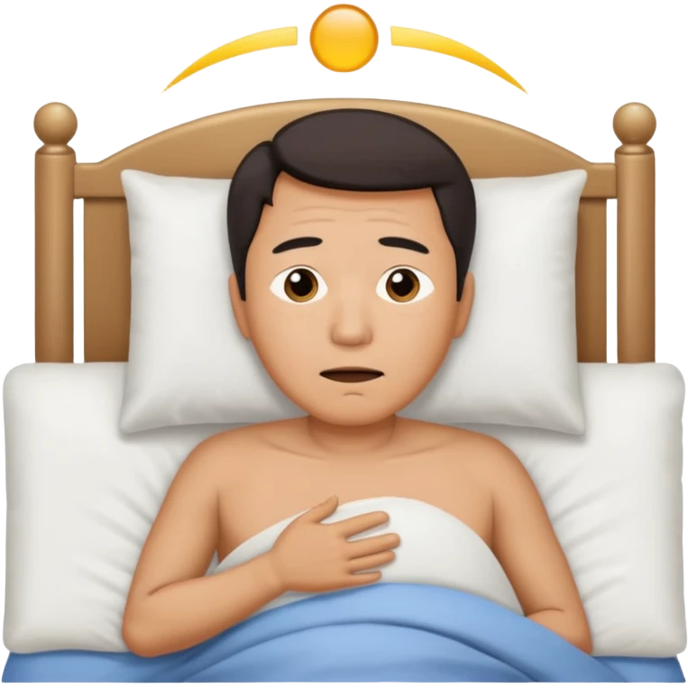 A middle-aged Asian man lying in bed, unable to sleep emoji