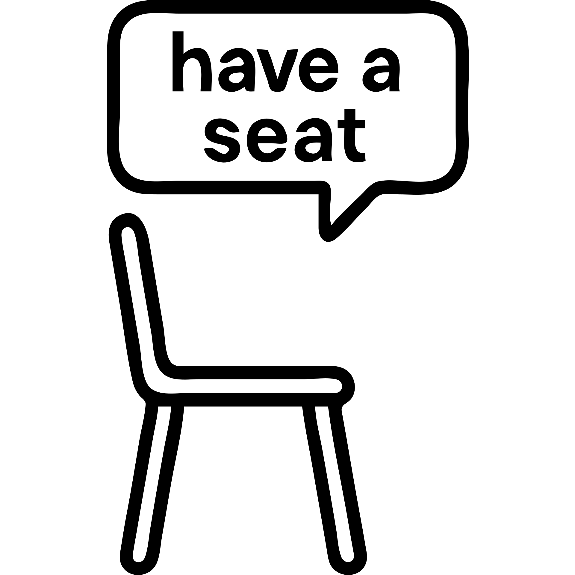 minimalist outlined icon of a chair with a speech bubble saying 'have a seat' emoji