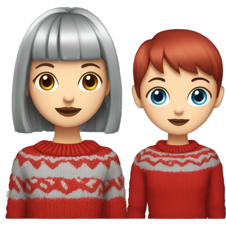 girl with short hair and bangs (a fringe) with blue eyes, long eyelashes and red lipstick in a red cable knit sweater holding a grey cat emoji